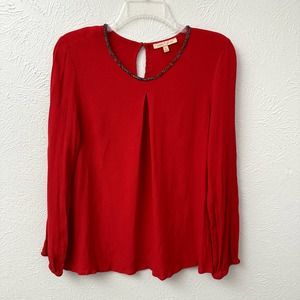 Gibson Latimer Red Blouse with Beaded Neckline